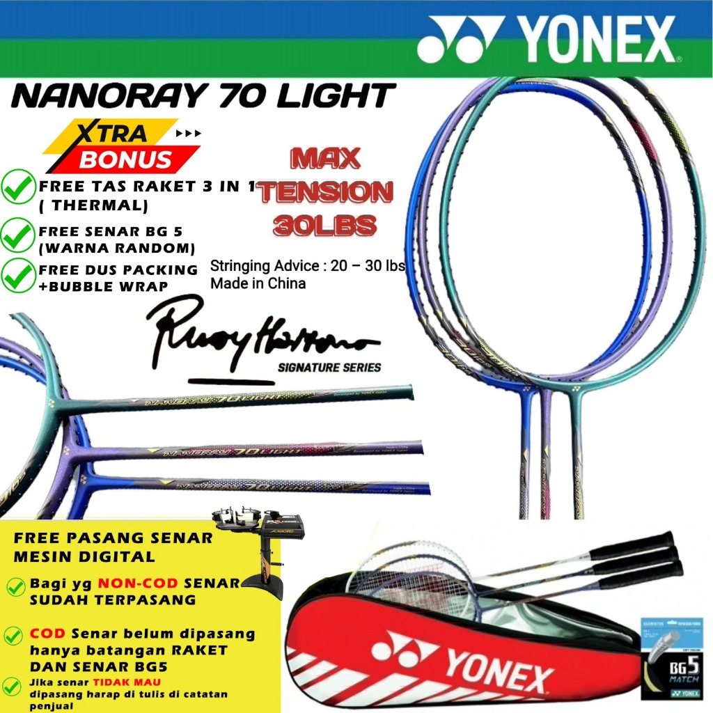 RAKET BADMINTON YONEX NANORAY 70 LIGHT (RUDI HARTONO SERIES - TENSION 30 LBS) - ORGINAL YONEX SUNRIS