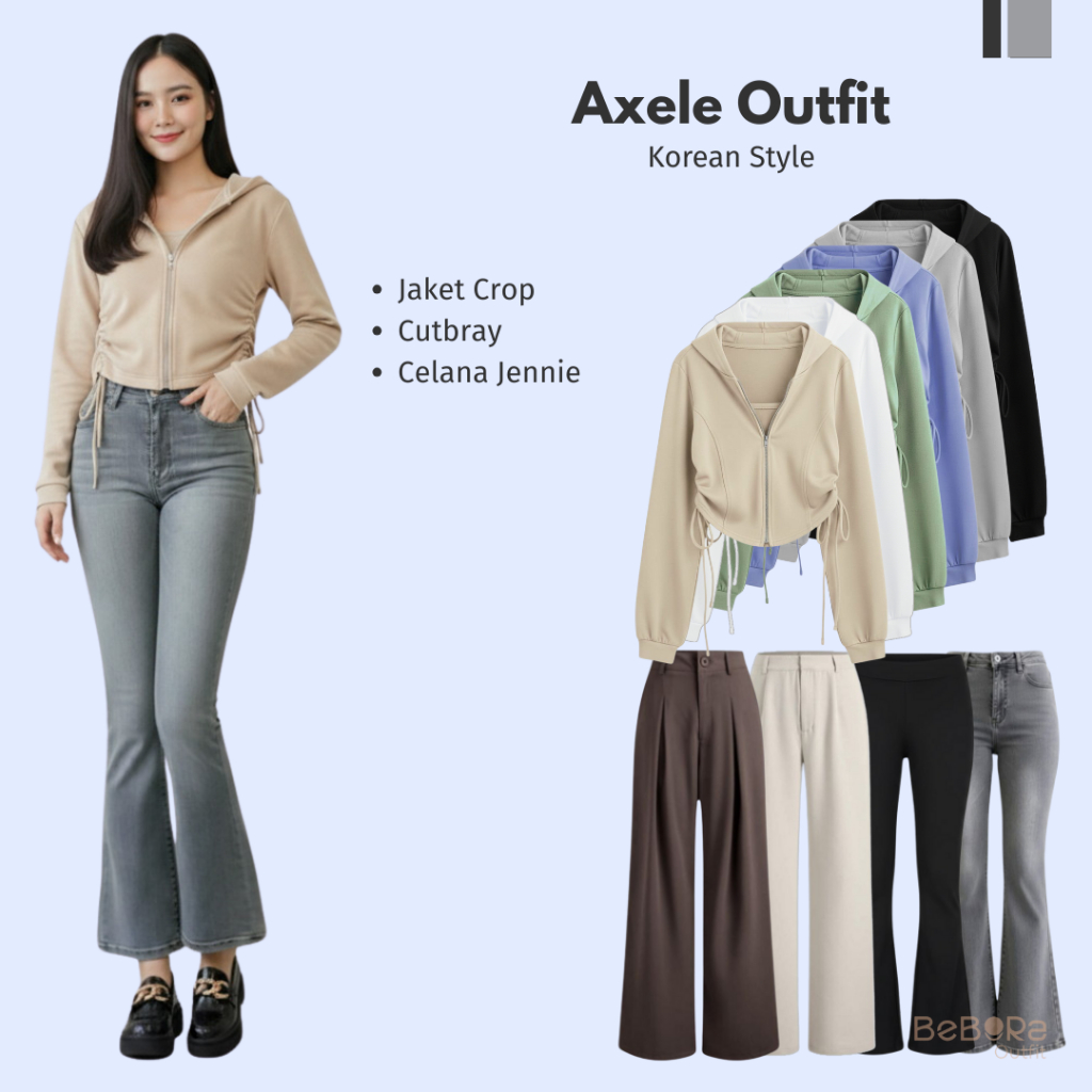 Setelan Axele outfit (Jaket Crop+Cutbray+Celana Jennie) One Set Korean Style | Fashion Kekinian_BB46