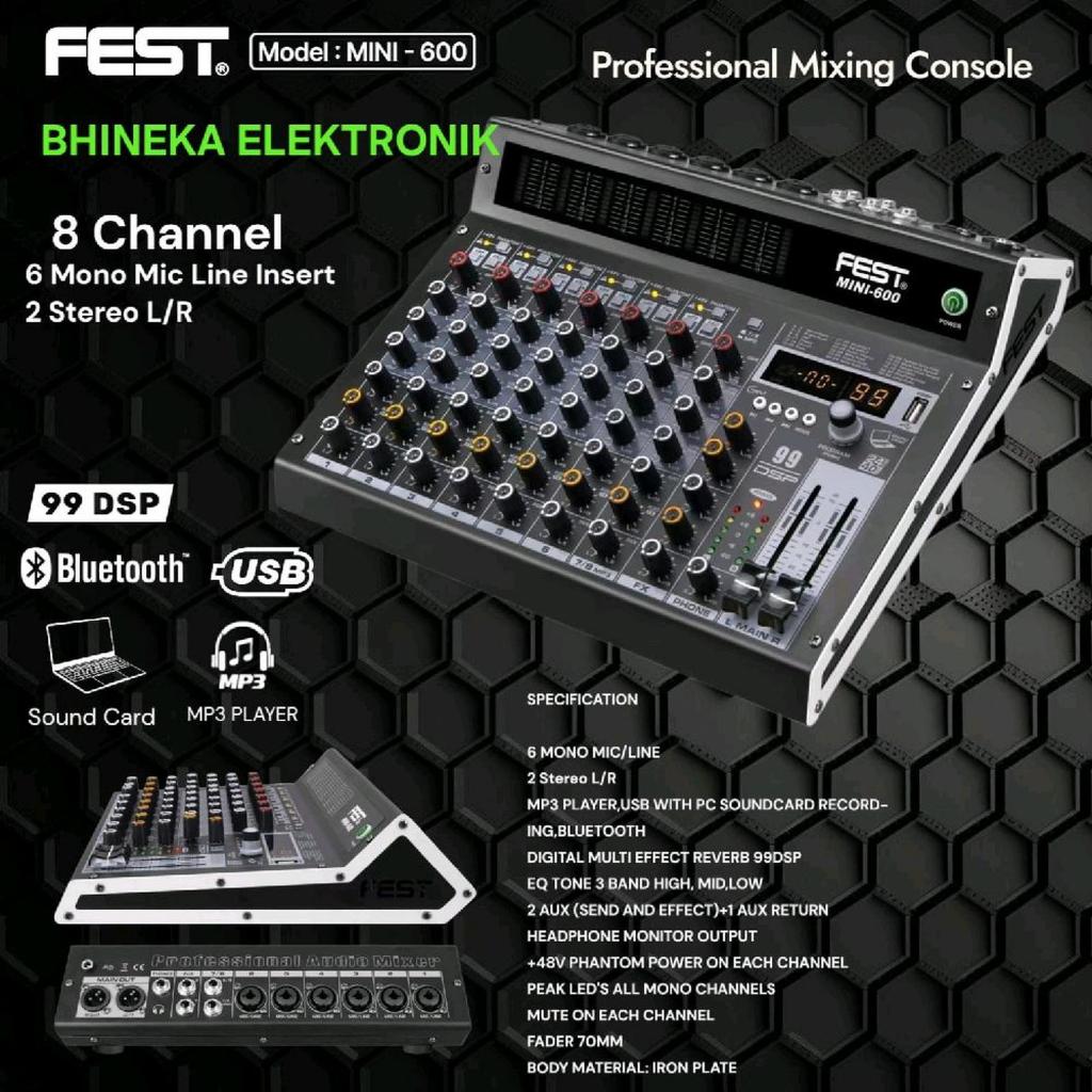 mixer Fest Mini 600 original bluetooth usb 8 channel mini600