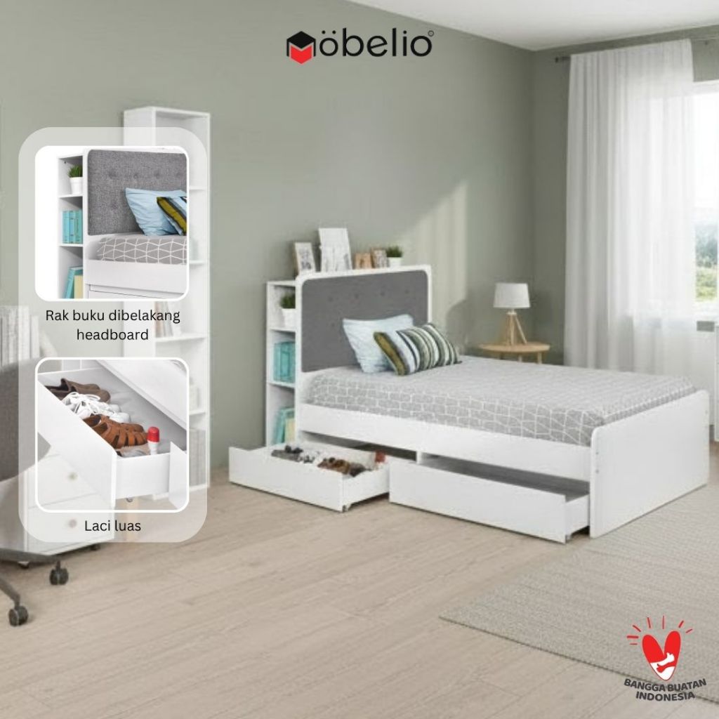 MOBELIO - Ranjang Dipan Tempat Tidur Single Laci Rak 120 x 200 Modern Minimalis Putih Abu - Eclipse