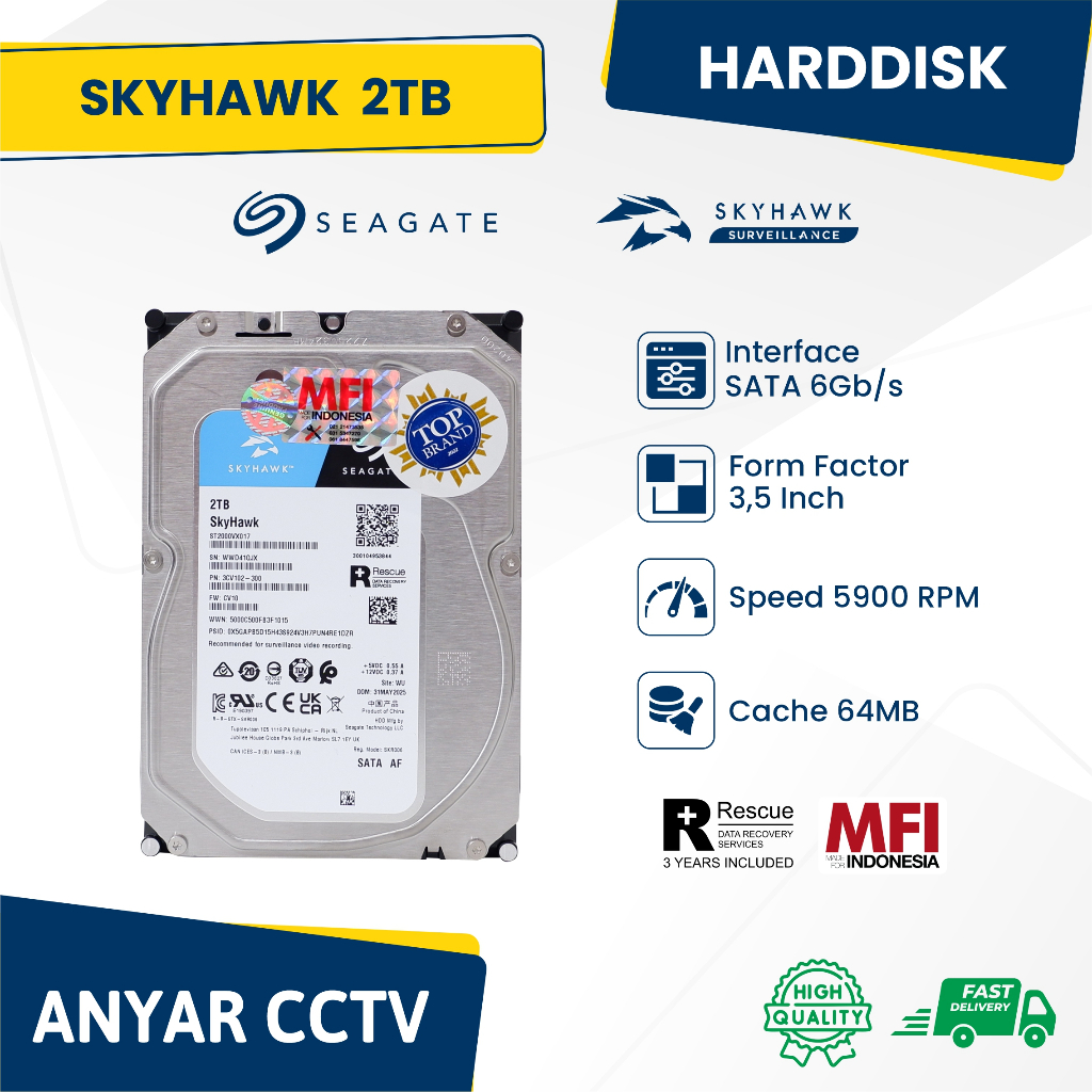 HARDDISK SEAGATE SKYHAWK MFI INDONESIA 2TB GARANSI 3THN RESMI / HDD 2TB