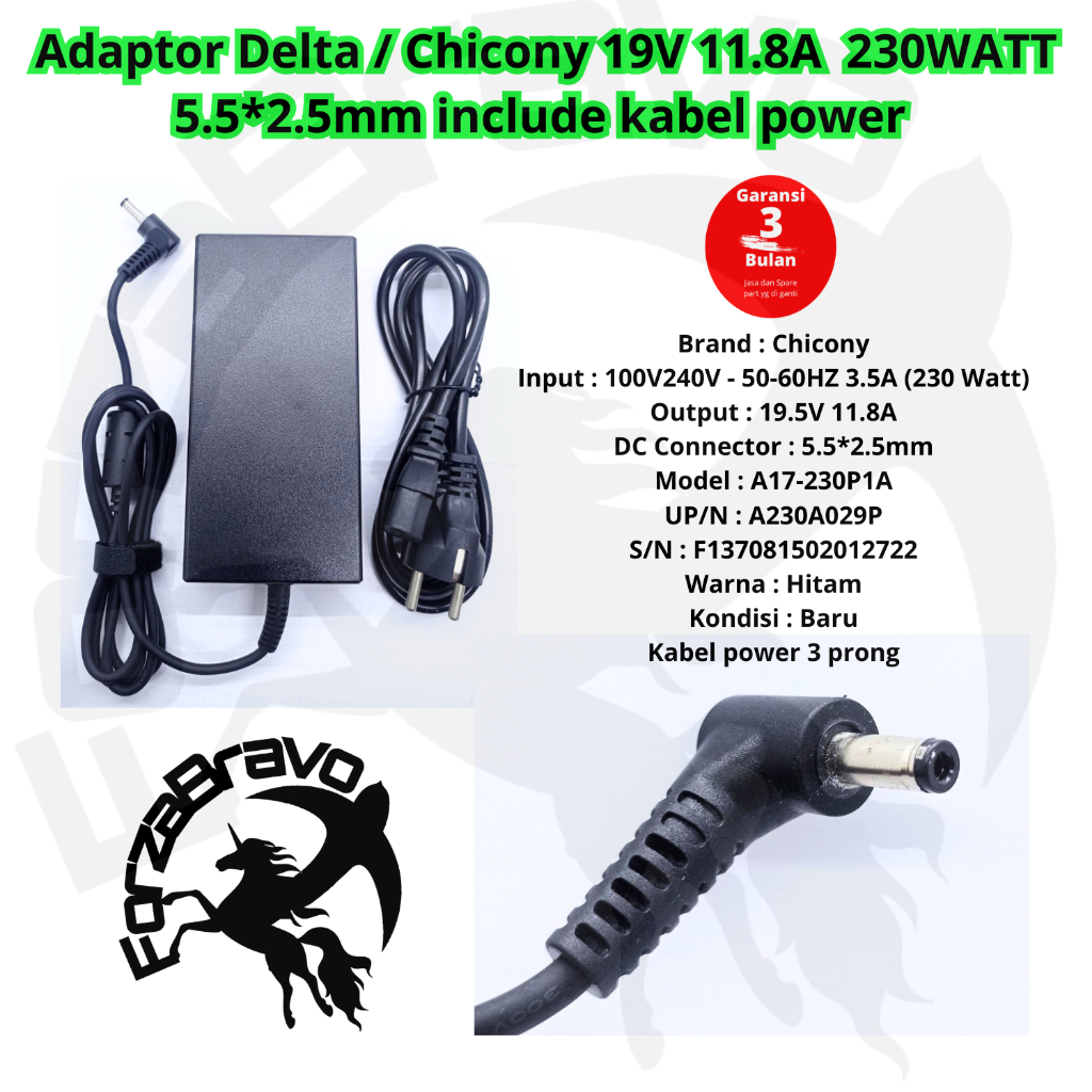 Chicony Adaptor DELTA 230W ADP-230EB T 19.5V 11.8A 5.5*2.5mm A12-230P1A Garansi 3 Bulan Include Kabe