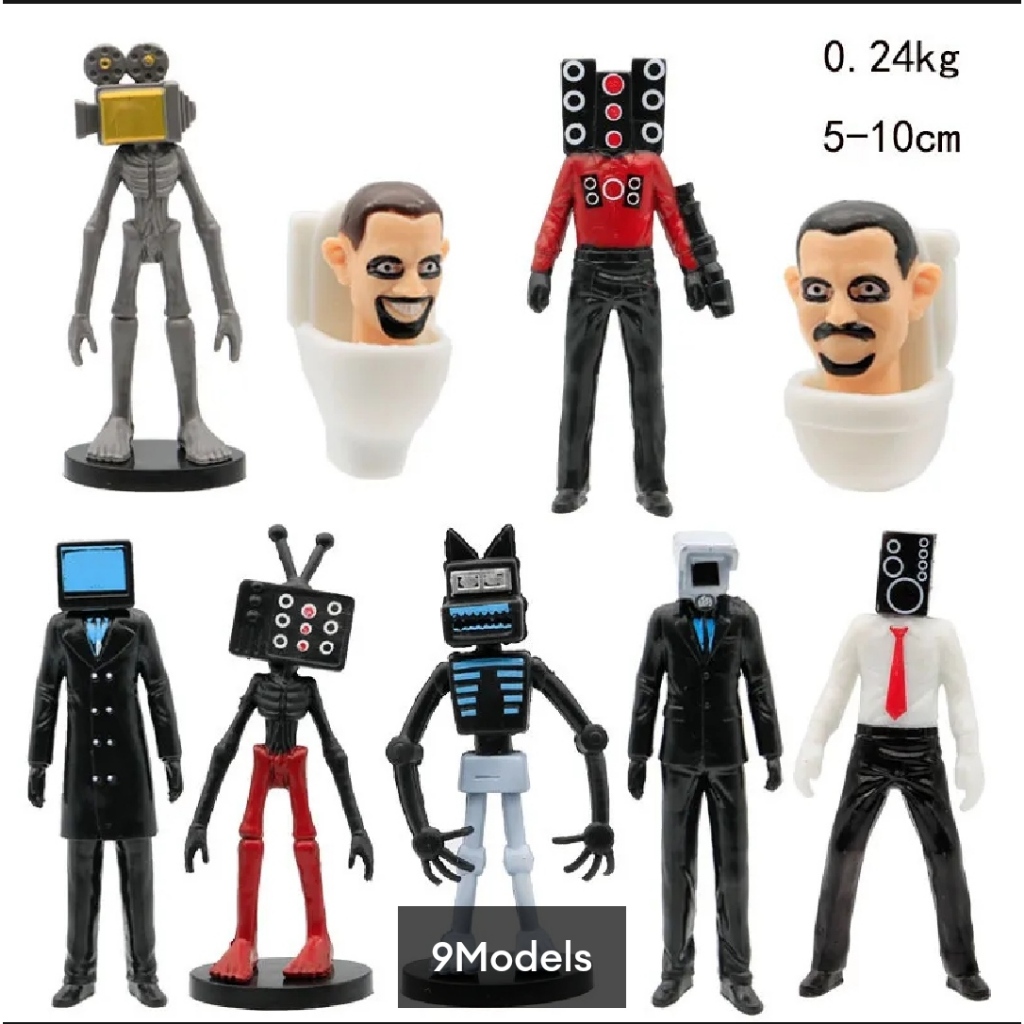 Figure Mainan Anak Skibidi Toilet Set 9 Pcs , Mainan Tampilan Model Kepala Sirene Toilet Figur Aksi 