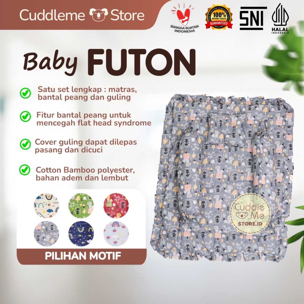 CUDDLEME Nursery - Futon Set Bayi 3-in-1 Kasur Lipat + Bantal Peang Guling Katun