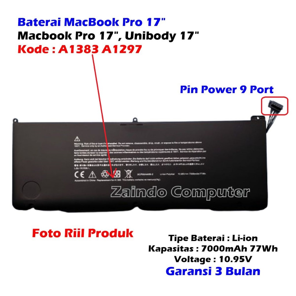 BATERAI LAPTOP MACBOOK PRO 17 INCH A1383 A1297 (2011) MACBOOK PRO UNIBODY 17 INCH A1383 A1297 MACBOO