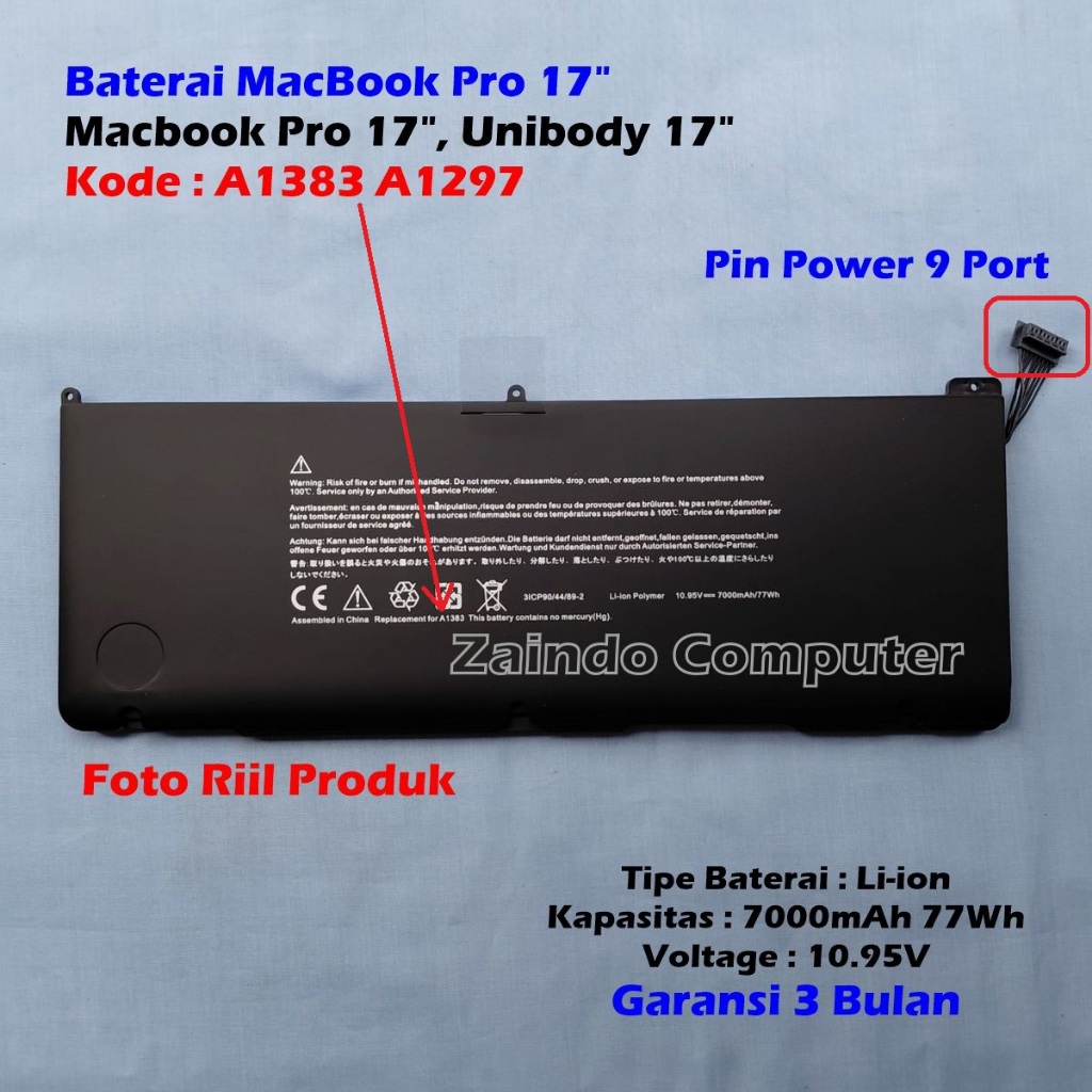 BATERAI LAPTOP MACBOOK PRO 17 INCH A1383 A1297 (2011) MACBOOK PRO UNIBODY 17 INCH A1383 A1297 MACBOO