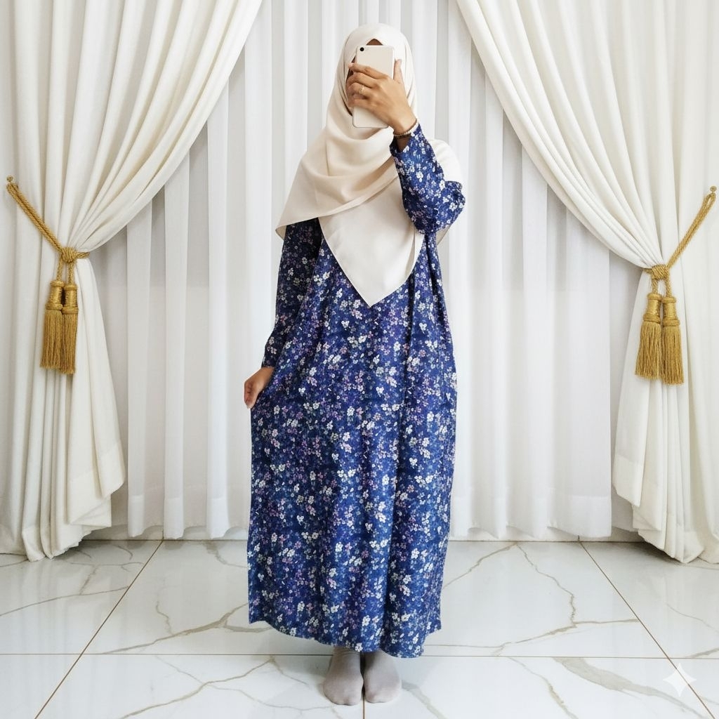 Gamis Daster Panjang - Jubah - Daster Rumahan Panjang Motif Bunga Kecil - Bahan Katun Rayon Adem Kan