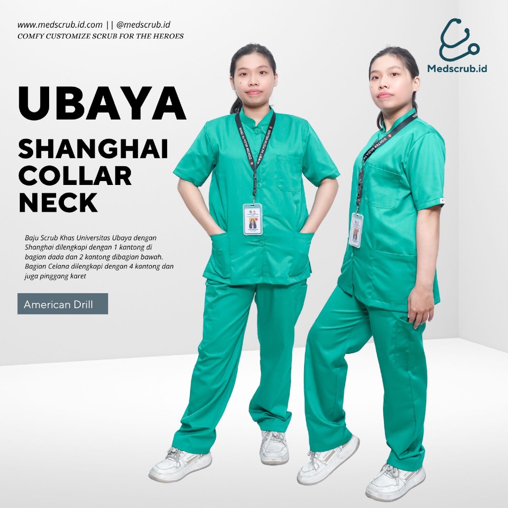 Medscrub.id / Medical Ubaya Shanghai Collar Neck Scrub (Green Tosca) American Drill Unisex