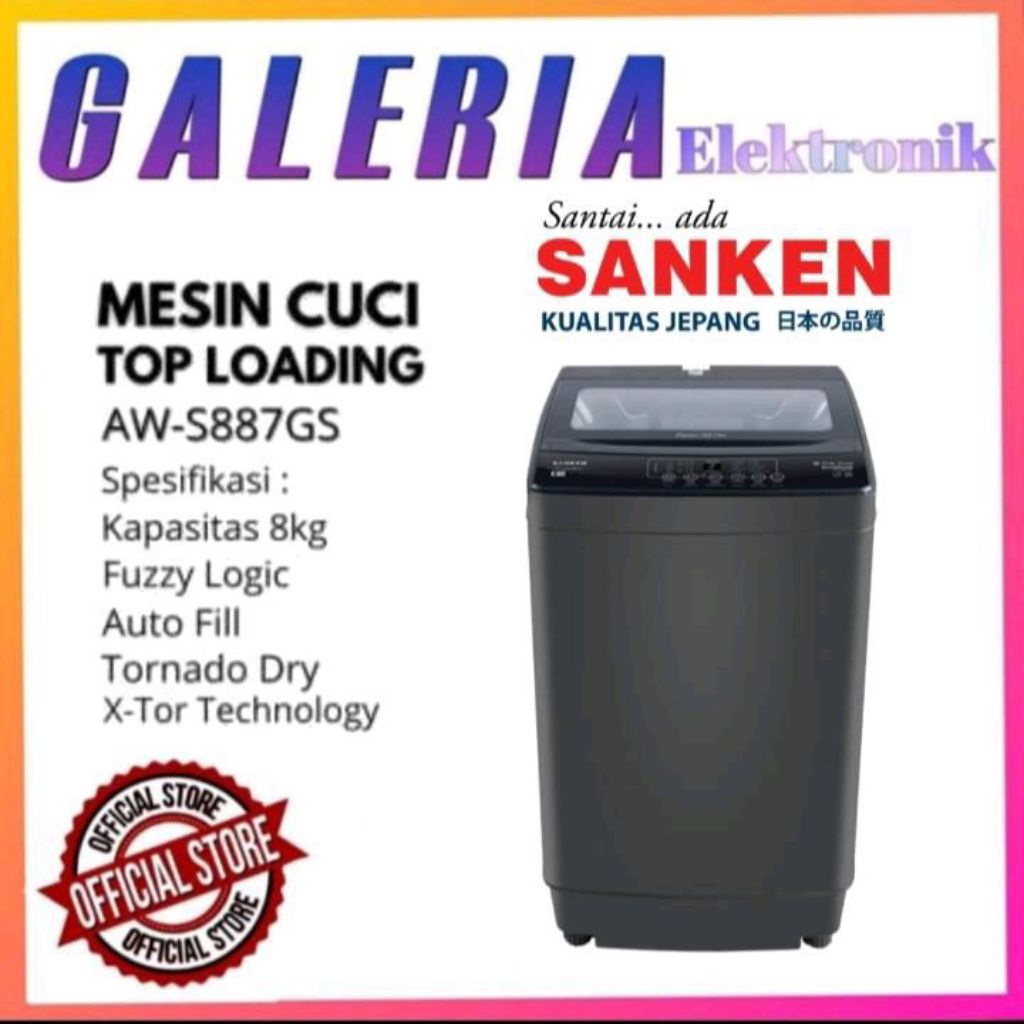 MESIN CUCI SANKEN 1 TABUNG AWS 887 GS / AWS887GS KAPASITAS 8KG