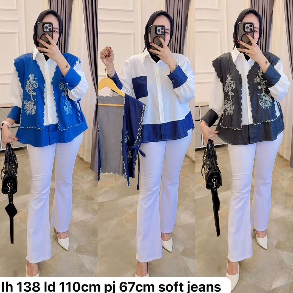 fassa shirt+vest , set 2in1, atasan wanita kemeja vest jeans denim