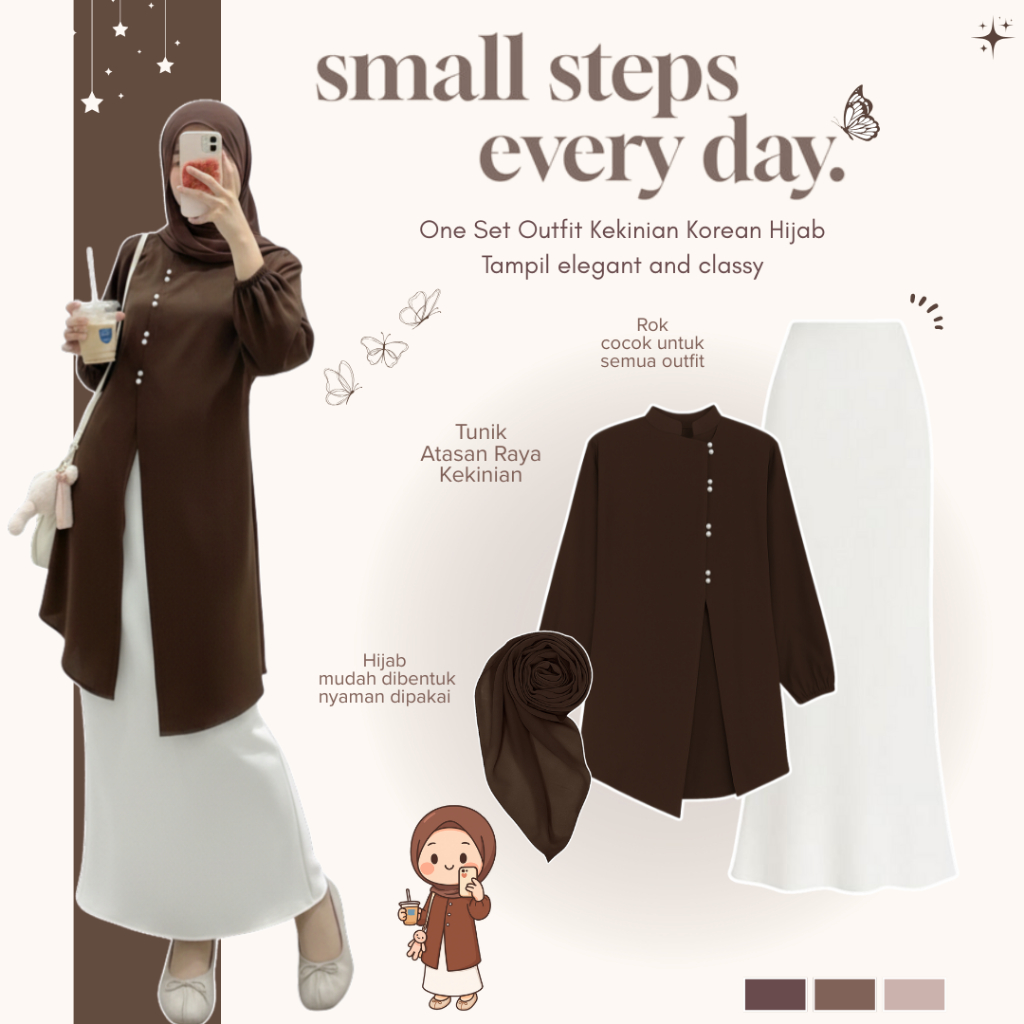 One Set Lebaran |Outfit Setelan Remaja Trend Kekinian | OOTD Look | Tunik + Rok + Hijab - BU184N