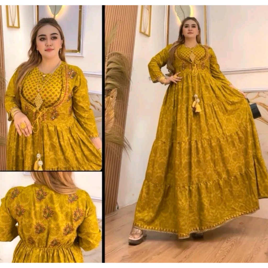 Gamis Wanita Hindi Bordir Nayira Rayon Adem Standart & Jumbo Lengan Panjang Karet Pinggang Potongan 