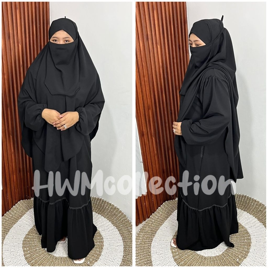 HWM - Amirah Gamis Set French Khimar Bandana Syar'i Anti UV Premium Dress Haji Umroh Basic Hitam