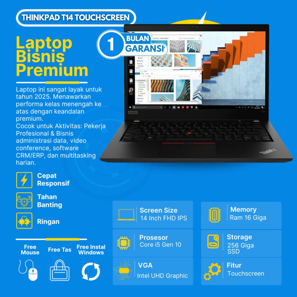 Laptop Lenovo ThinkPad T14 G1 Touchscreen Core i5 Gen10 RAM 16GB SSD 256GB 14Inch FHD IPS Murah Berg