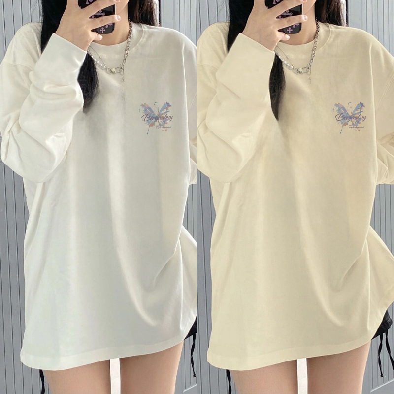 Kaos Oversize Lengan Panjang Wanita Cetakan Logo kupu-kupu berwarna-warni/Baju Kaos Lengan Panjang W