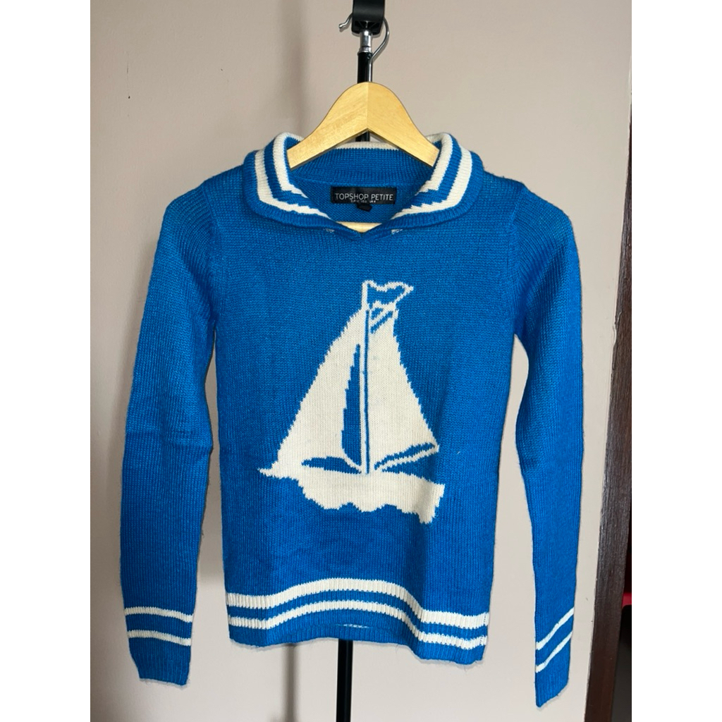 Topshop Petite Sweater Rajut Biru Motif Kapal – Preloved Nautical Vintage