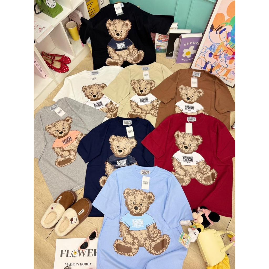 Kaos Import FLOWER Motif Bear Paris - Kaos  Oversize Import Bangkok Motif Karakter