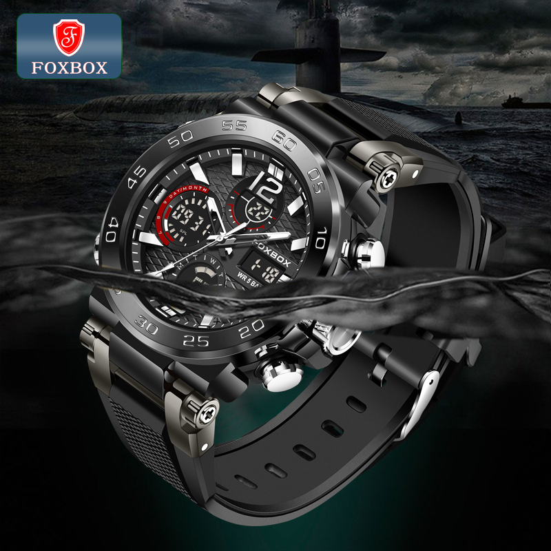 FOXBOX Jam Tangan Untuk Pria LED Tahan Air Olahraga Elektronik Jam Tangan Silikon Jam Tangan  LIGE J