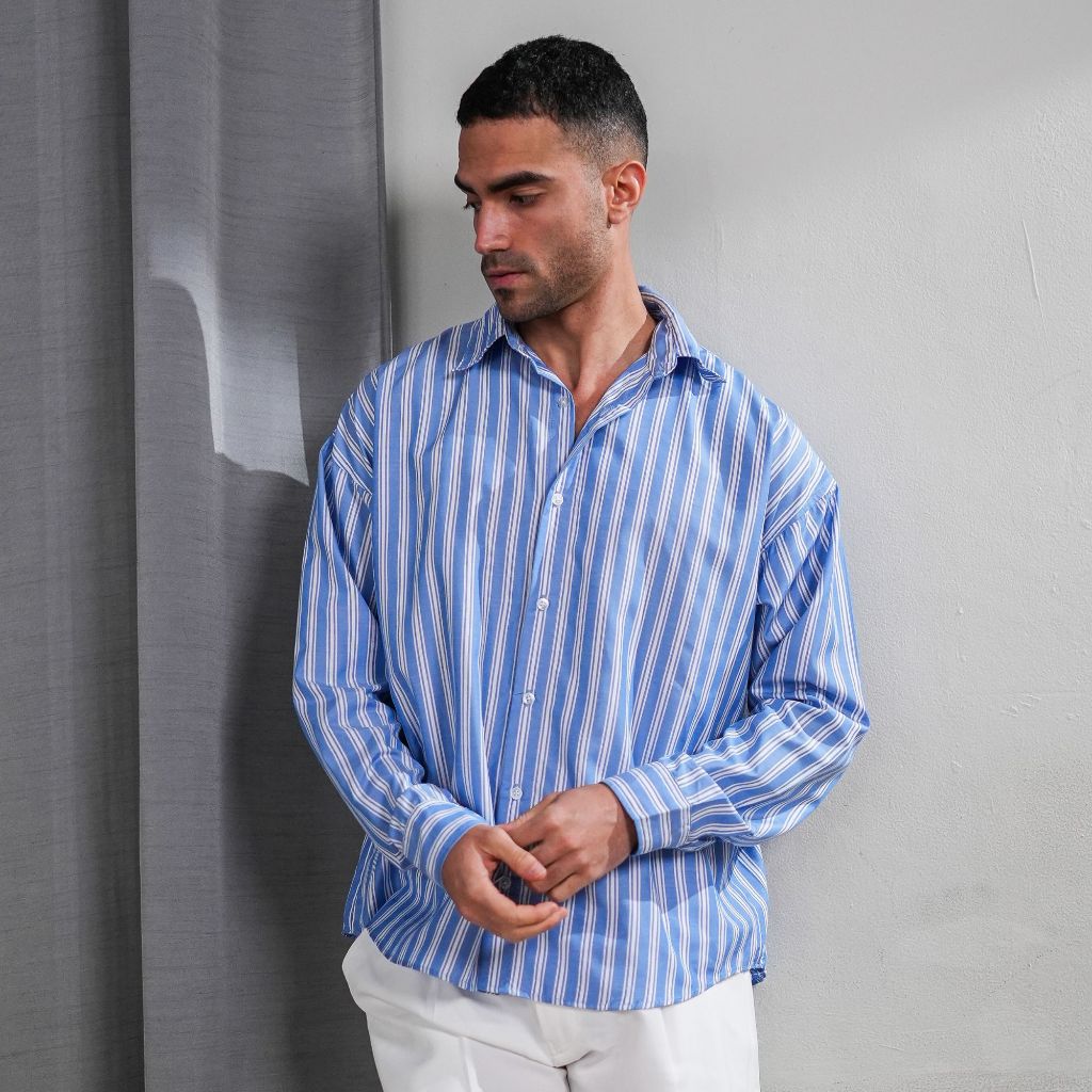 GRAYE HOMME Kemeja Oversize Panjang Pria Katun Pilihan Warna Biru Muda / Putih / Biru Garis / Putih 