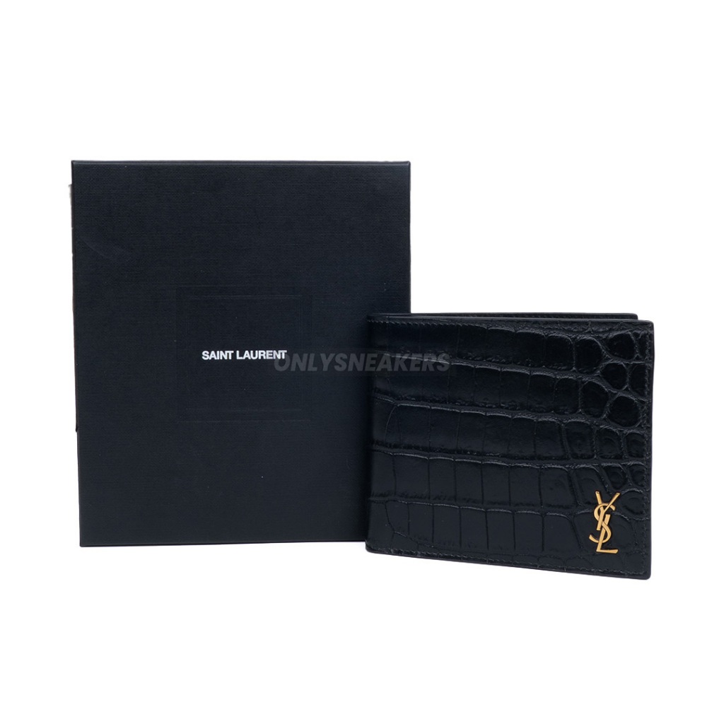 YVES SAINT LAURENT MEN TINY MONOGRAM EAST WEST WALLET CROCO EMBOSSED MATTE LEATHER BLACK