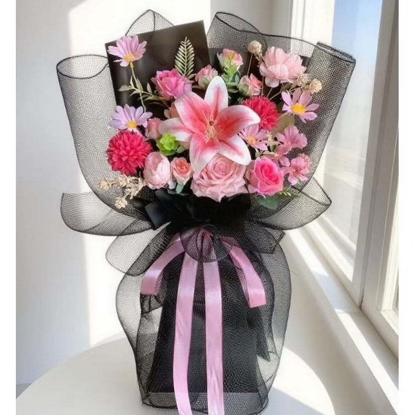 BUKET BUNGA ROMANTIS KOREA BOUQUET CANTIK BLACK PINK POLLYNET