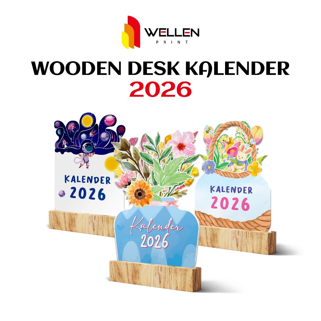 WELLEN PRINT - Cetak Wooden Desk Calendar Aesthetic / Print Kalender Meja Tatakan Kayu Ukuran A6 Uni