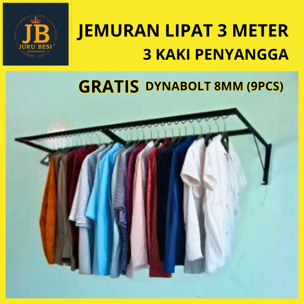 Jemuran Baju Extra Besar Panjang 3 Meter Lipat Dinding 3 Kaki Penyangga Besi Galvanis Anti Karat