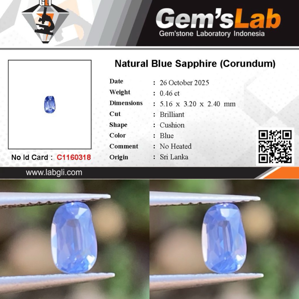 0,46 cts Natural Pastel Blue Sapphire origin Ceylon / Srilanka No Heat Memo GLI