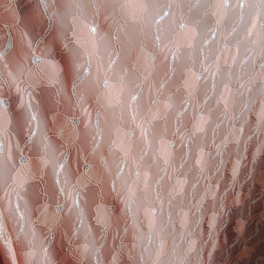 Kain Brokat Tile Motif Bunga Gliter - Warna Peach/Dusty Pink Meteran Lbt