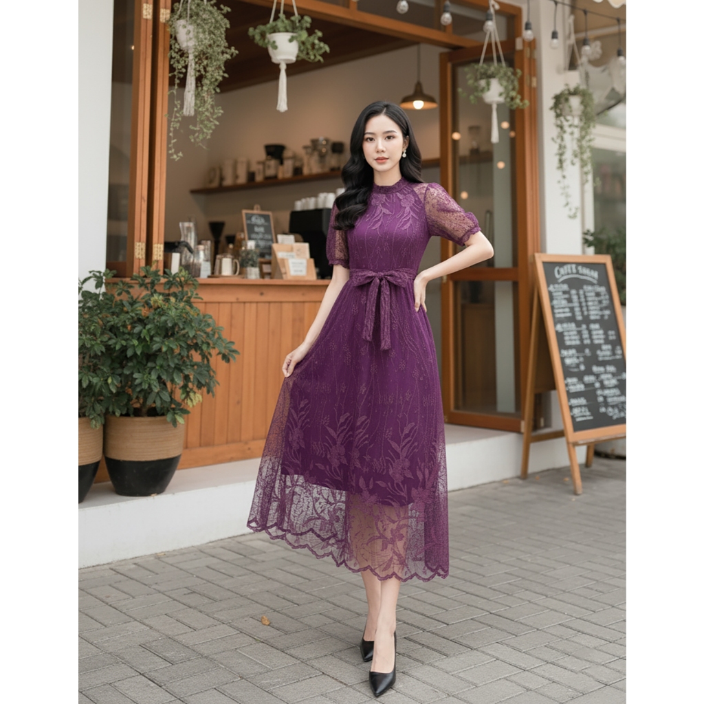 ANNABELLE M L XL Dress Pesta Kondangan Natal Brokat Tile Simple Elegan Gaya Korea Dress Gaun Formal