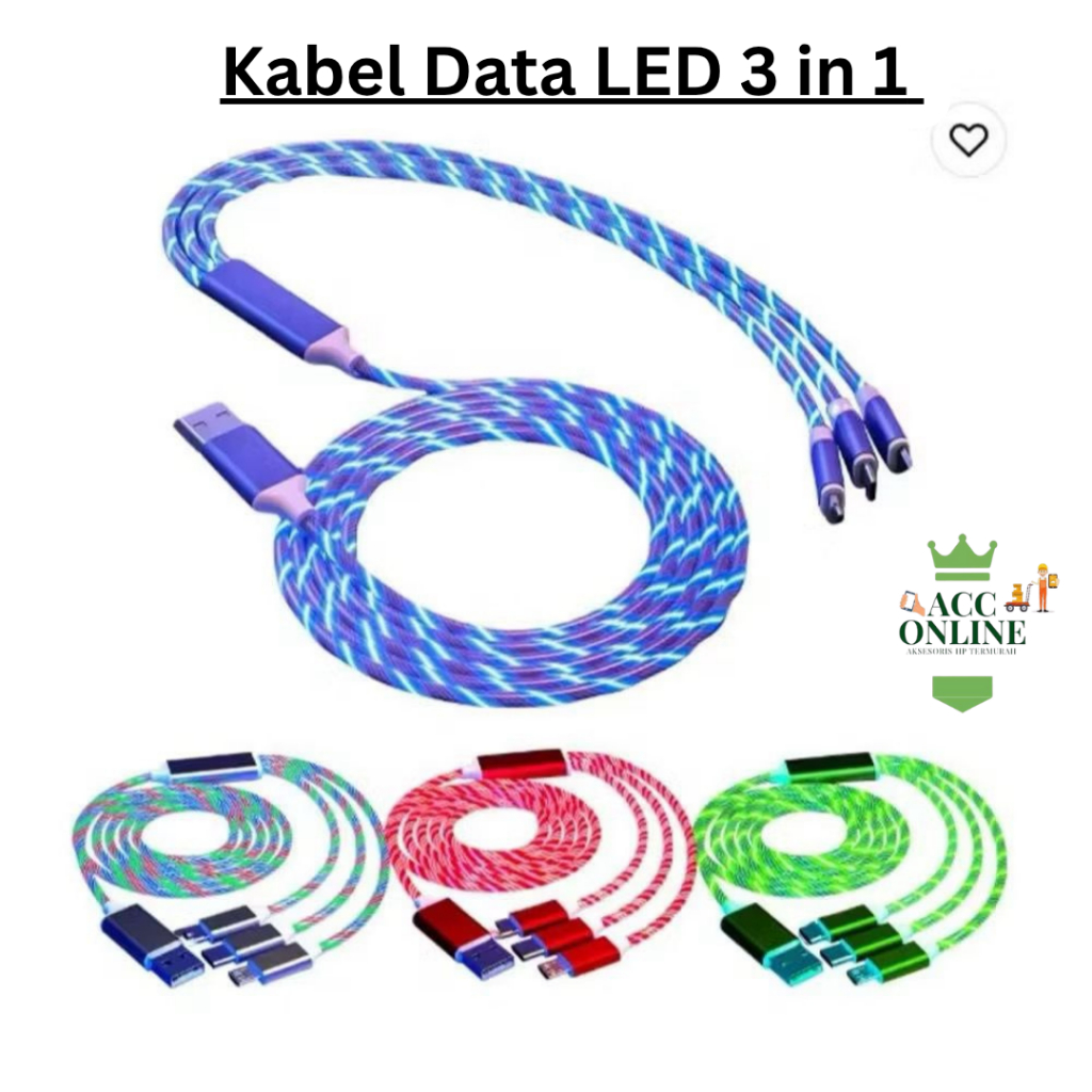 Kabel Data LED 3in1 K-230 Kabel Data Charger Micro Lightning Type C Kabel Charger LED cas hp cable