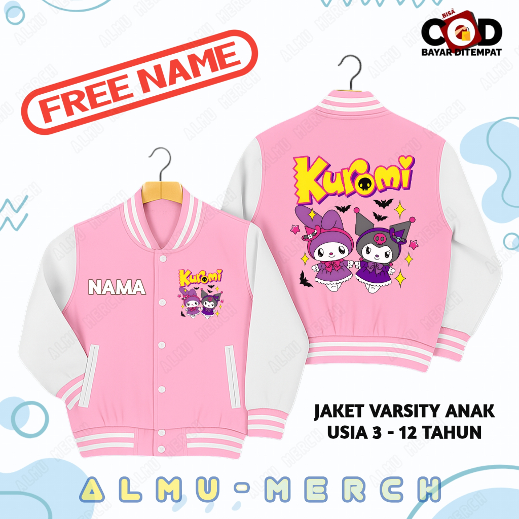 Jaket Anak Kuromi My Melodi | Jaket Varsity Anak Laki Laki Dan Perempuan Free Name Bisa Tambah Nama