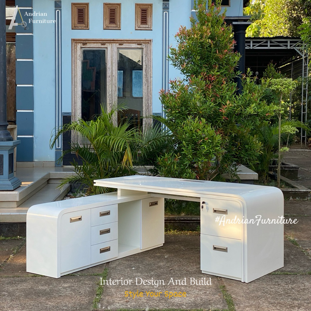 Meja Kerja Kantor Direktur Letter L Shape Minimalis Modern White Glossy
