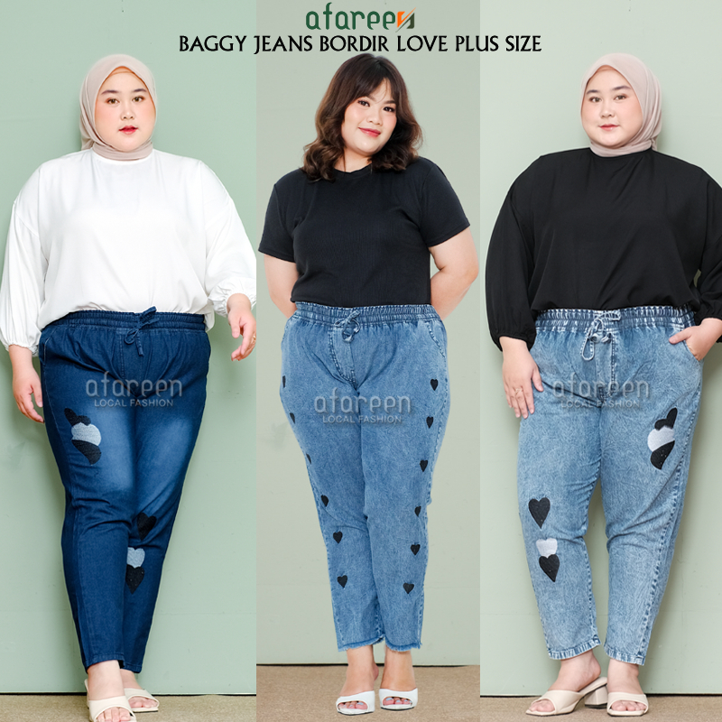 Kulot Jeans Bordir Love Celana Kulot Jeans Baggy Pinggang Karet Jumbo