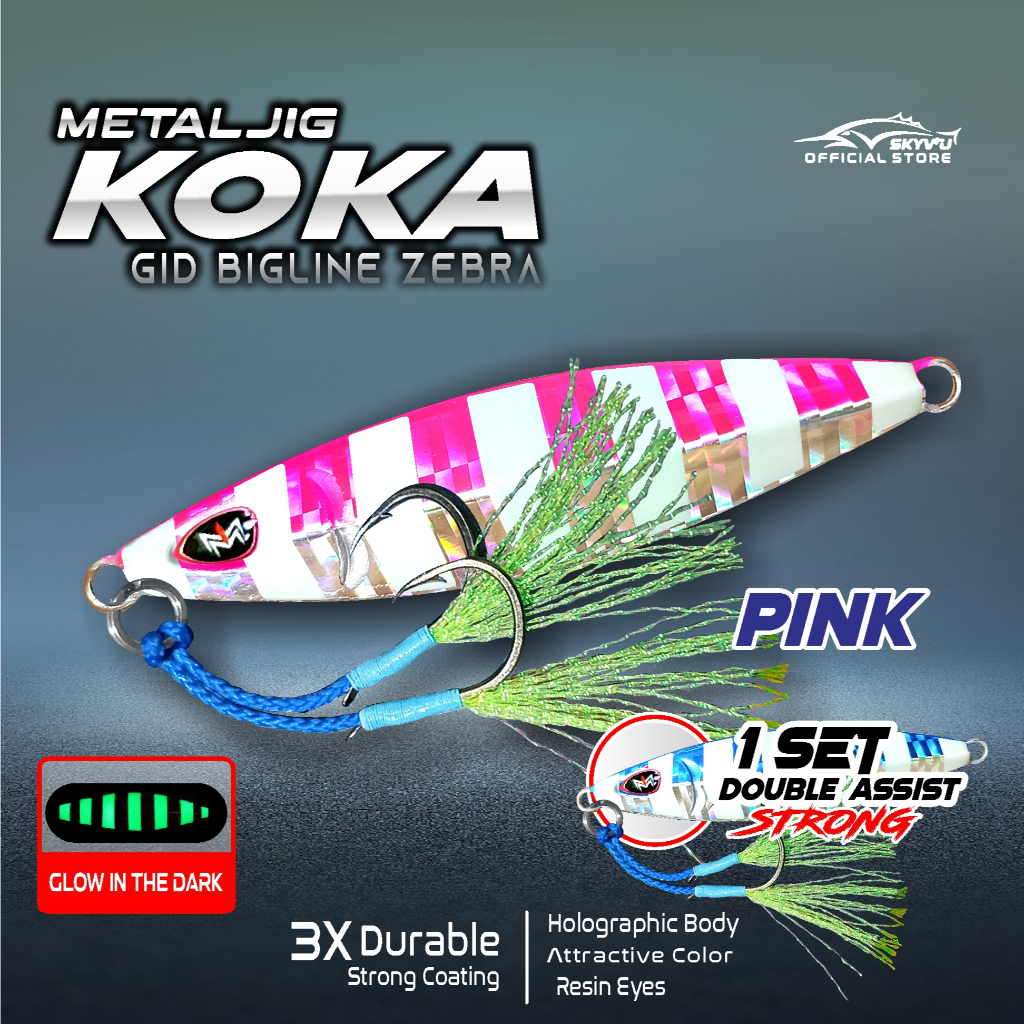 Umpan Metal Jig 100 Gram SKYVIU KOKA Hologram Garis GID Zebra 1 Set Double Assist Hook Jigging Lure 