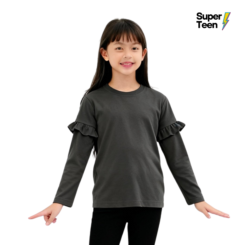 Kaos Anak Remaja Tanggung Ruffle Rampel lengan Tangan Polos Hitam Umur 9 - 15 Tahun Superkidscloth