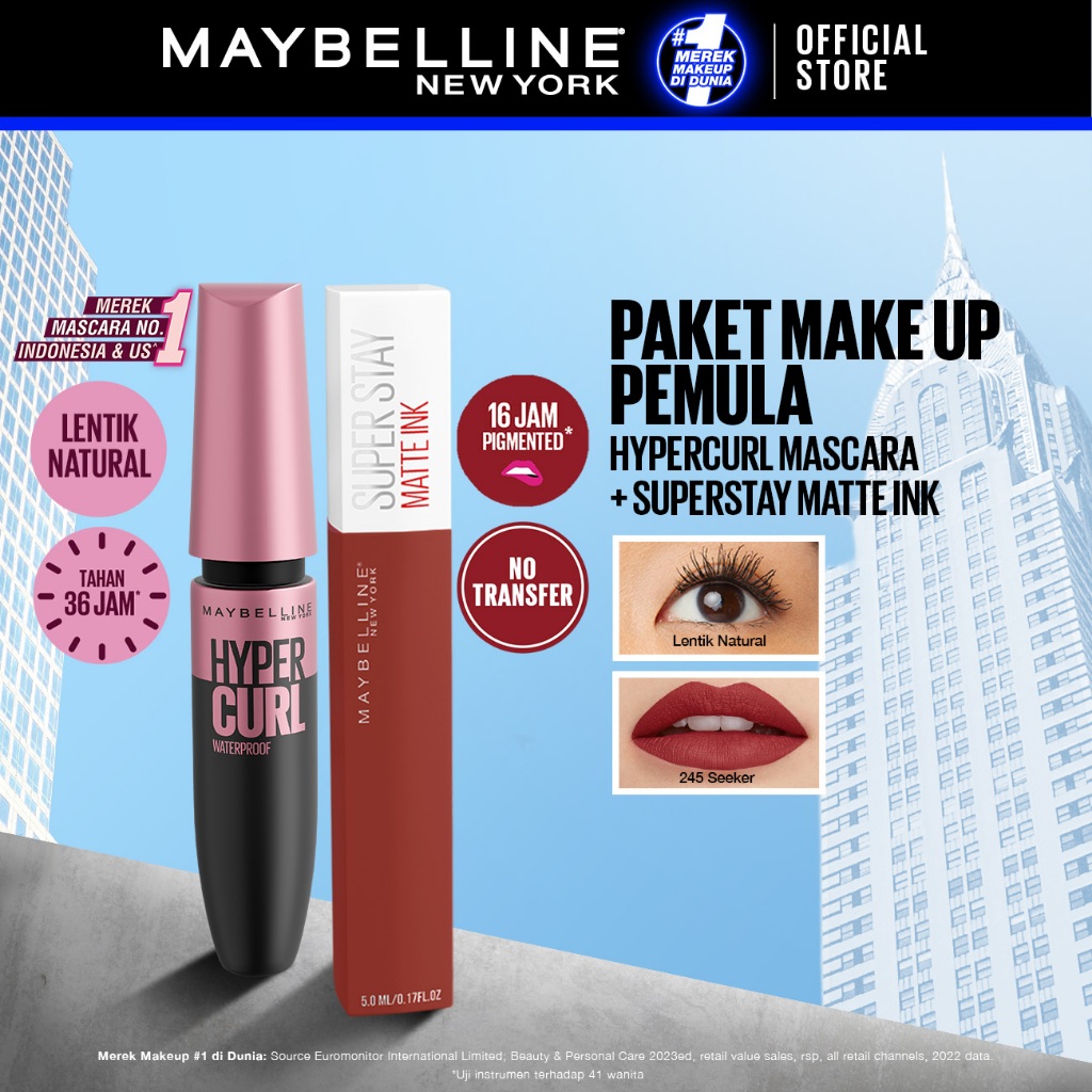MAYBELLINE OFFICIAL Paket Make Up Pemula Hypercurl Mascara + Superstay Matte Ink