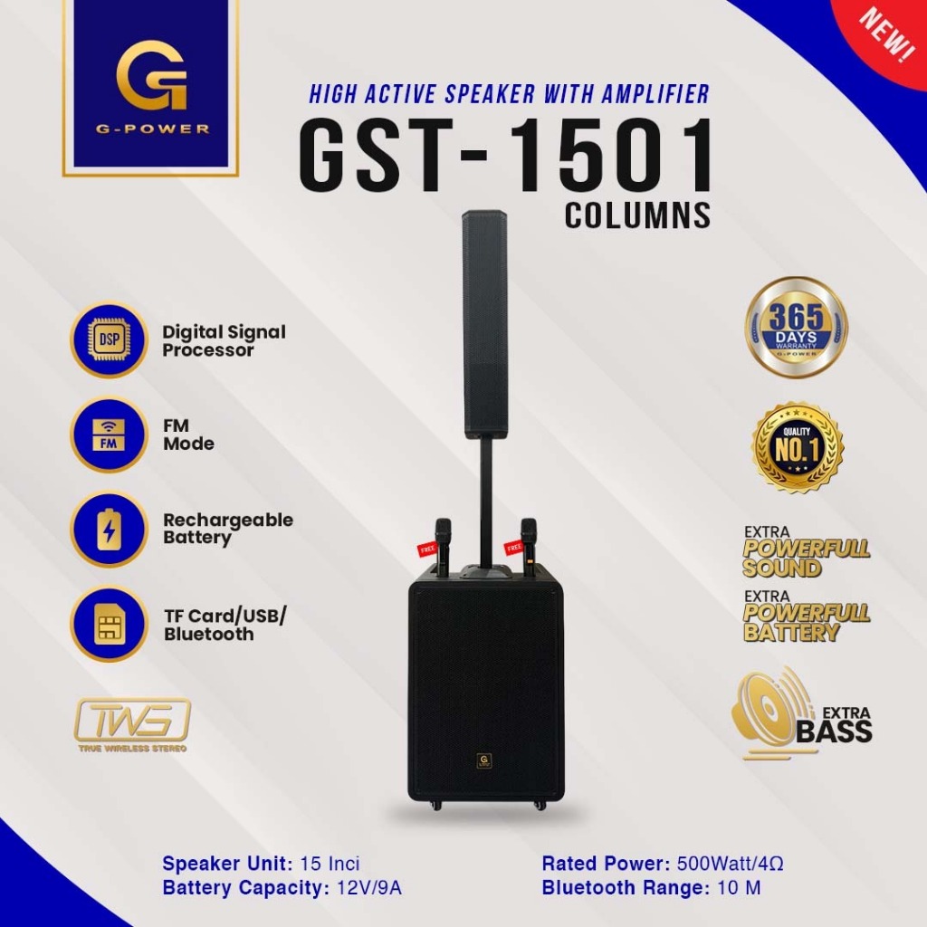 G-POWER Speaker GST-1501 Columns 15” Professional Audio Bluetooth Speaker + 2 Mic Wireless