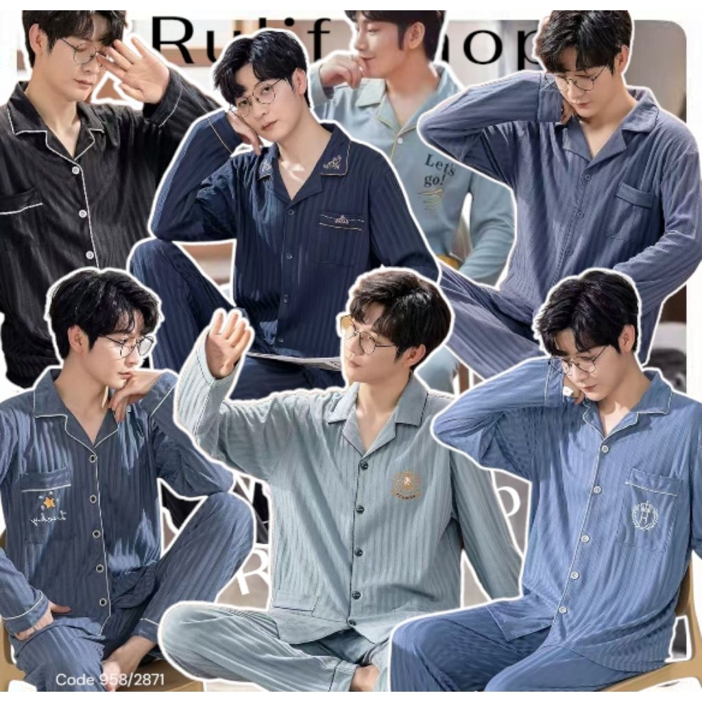 Rulif Baju tidur Pria dewasa /baju tidur pria/setelan baju tidur pria lengan panjang celana panjang 