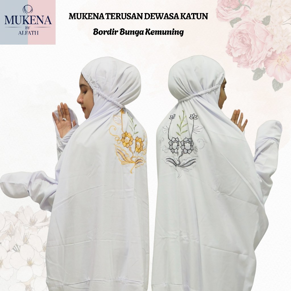 Mukena Terusan Dewasa Katun Mikro Super Soft Bordir Punggung Motif Bunga Kemuning Cantik