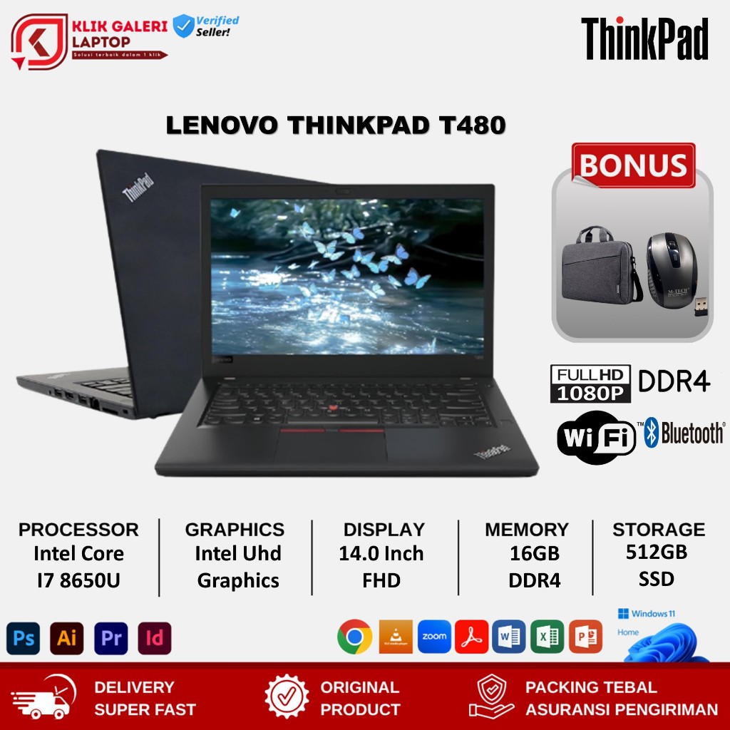 Laptop Kerja Lenovo Thinkpad T480 Core i7 Gen8 MX150-2GB 16GB 512GB SSD 14 FHD Win 10 Pro Bergaransi