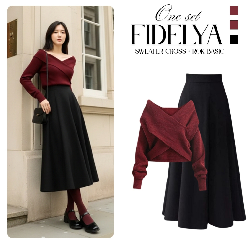 Fidelya Oneset Wanita ( Sweater Maroon + Rok Hitam ) OOTD Set Remaja Korean Look Stylish Outfit Gere