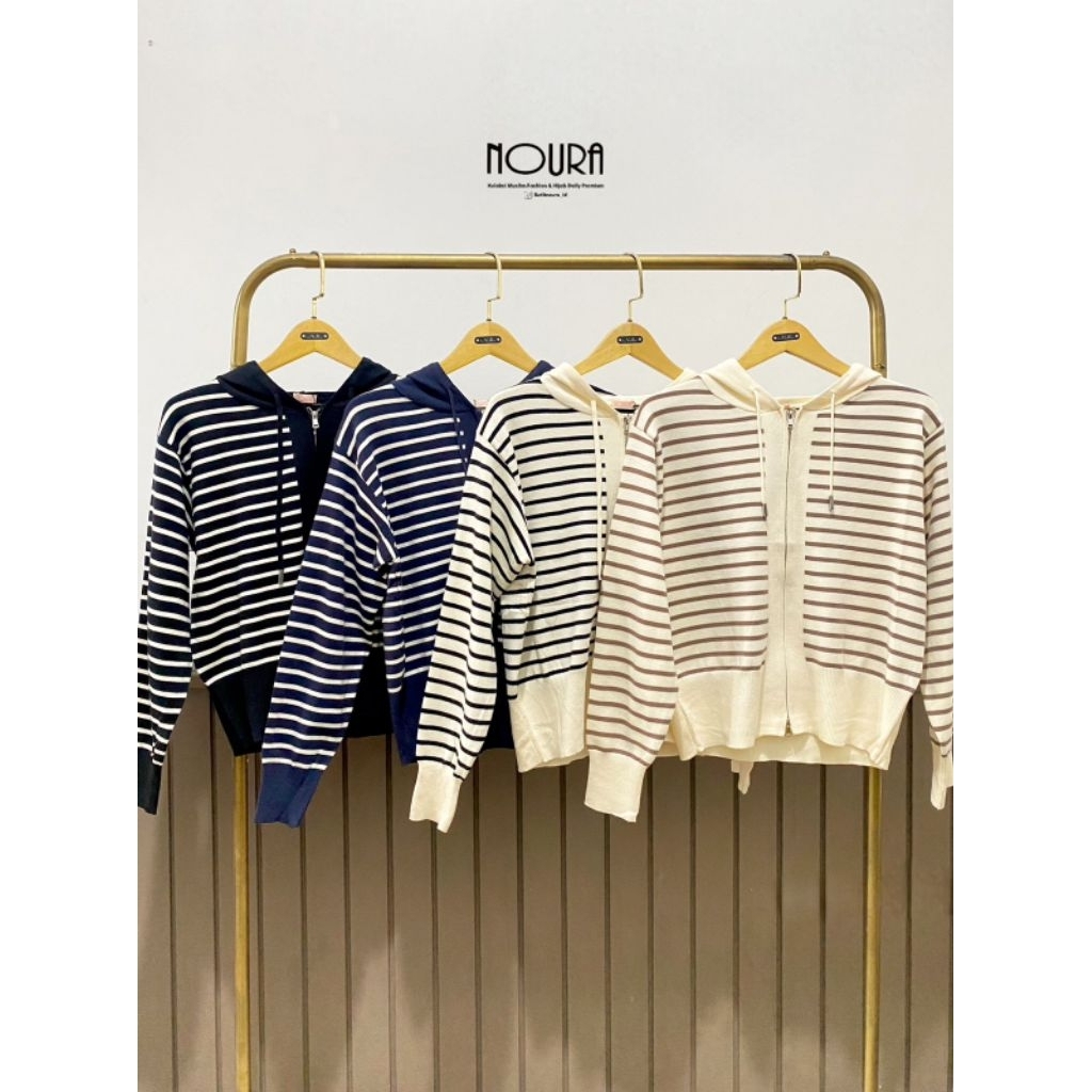 Noura Stripe Knit Hoodie Butik Noura