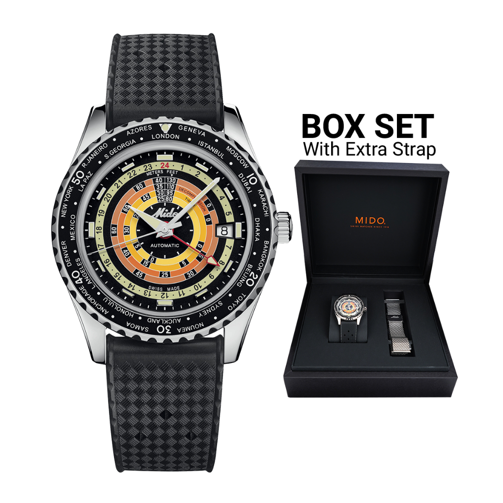 Jam Tangan Pria MIDO Ocean Star M0268291705100 Decompression Worldtimer Black Dial Black Rubber Stra