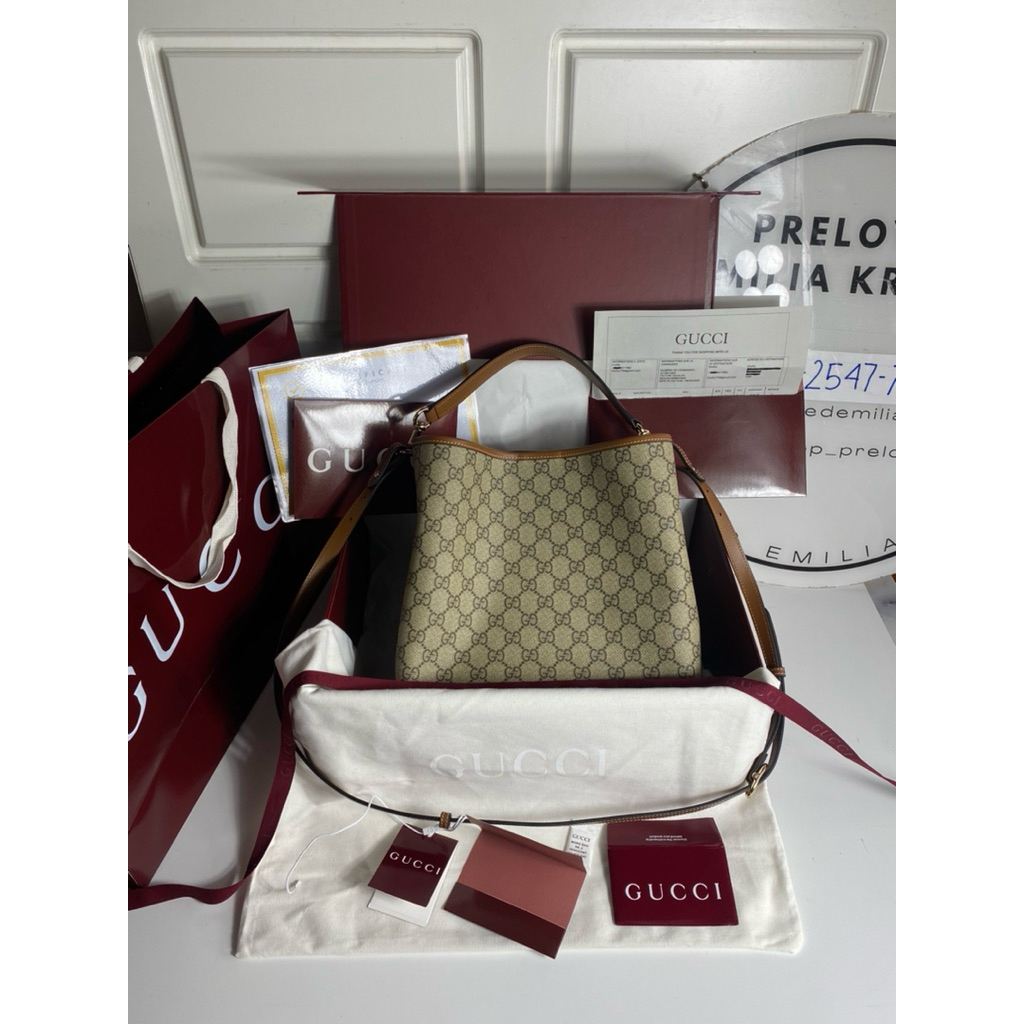 Preloved GG Emblem Monogram Medium Bucket Bag Beige Dark Brown Authentic