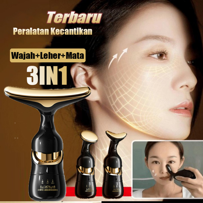 [ ASLI ] GUSHIYUTA 3 IN 1 Alat Pijat Pengencang Kulit Wajah dan Leher dan Mata Alat Setrika Wajah Bl