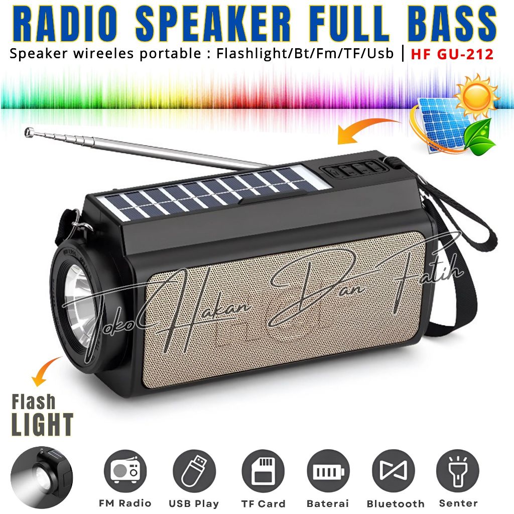 Terbaru~Speaker Radio Wirelles HF GU-212 , Bluetooth , Flashlight , Solar panel Di bagian Atas speak