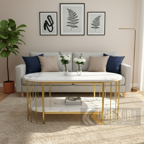 Meja oval meja tamu minimalis KITKAT modern motif marmer HPL, Meja tamu industrial minimalis