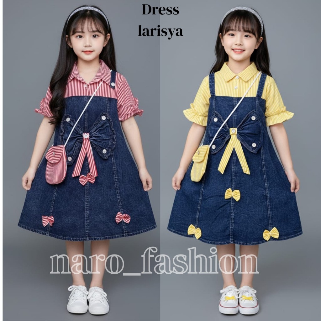 Dress Jeans Larisya Lengan Balon Anak Free Tas Usia 3-10 Tahun / Dress Jeans Mewah Impor Terbaru Ana