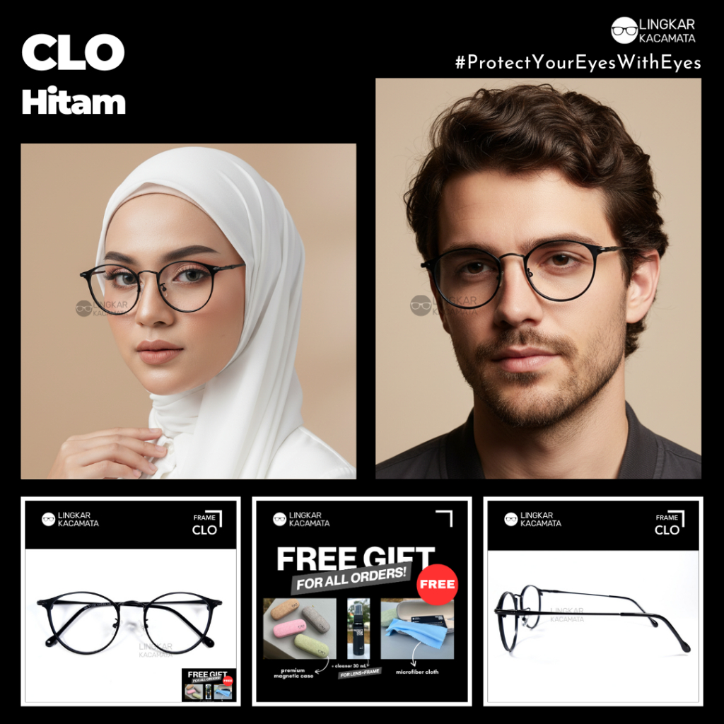 Kacamata CLO Hitam Minus Bluray Anti Radiasi Photochromic Wanita Pria Frame Oval Titanium Plus